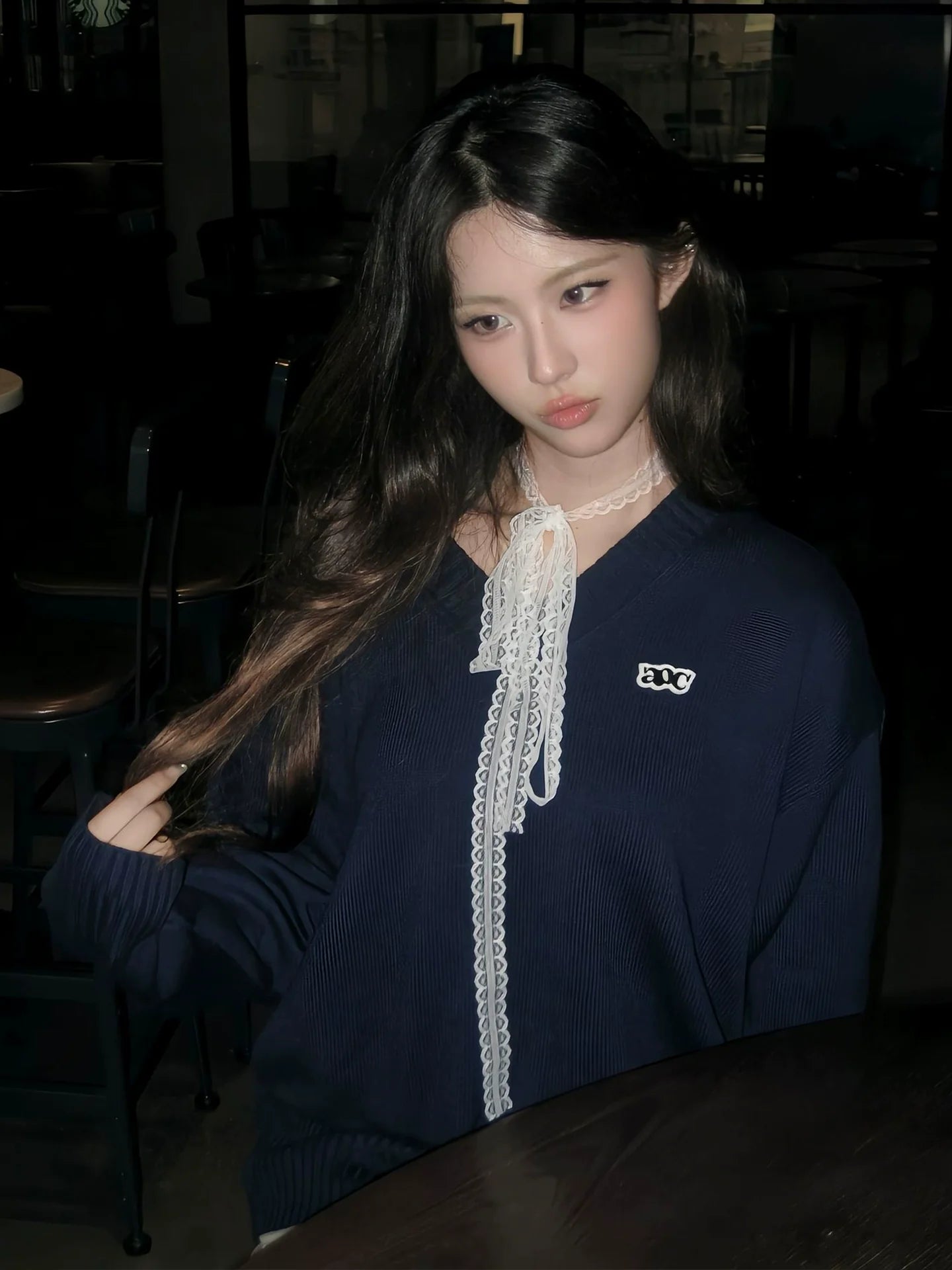 Korean V-Neck Knit Sweater Early Autumn Vintage Lazy Style Pullover Loose Fit