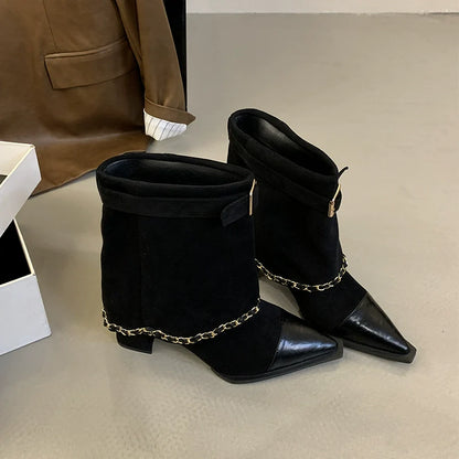Minimalist Chic Color Block Chain Trouser Boots Women Fall Winter New Pointed Toe Chunky Heel Ankle Fashion Biker Boots
