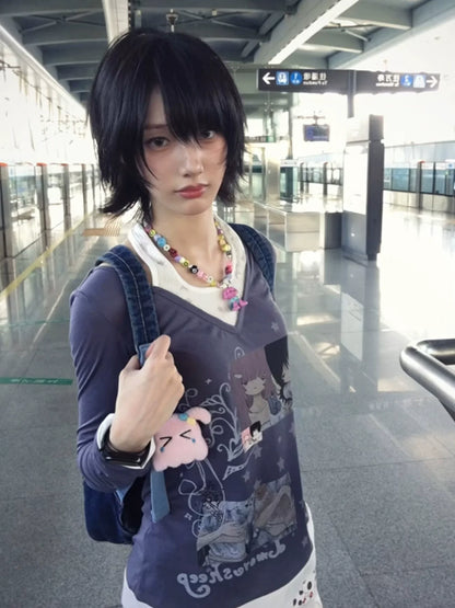 Cute Y2K Layered Long Sleeve Tee Cat Girl Print