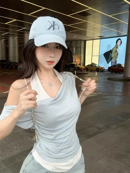 Blue Fake Two-Piece Subculture Y2K E-girl Light Subculture American Retro Fake Two-Piece Short Sleeve Top