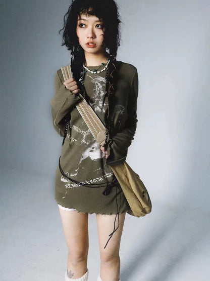 Herbal Green Punk Y2K E-girl Mid-Length Print Slim-Fit Covering-Hip Knit Short Sleeve Top