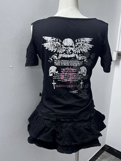 Black Skull Tie Subculture Punk Y2K E-girl Shibuya Girl Abi American Retro Print Light Subculture Short Sleeve Top