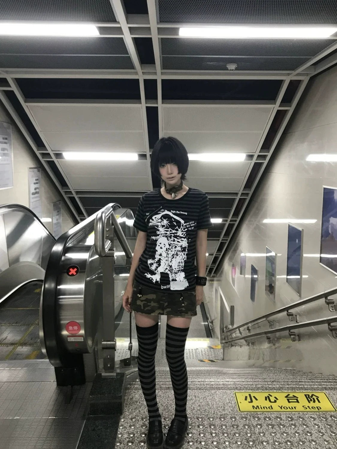 Black & Gray Striped Subculture Punk Y2K E-girl Abi American Retro Skull Short Sleeve Top