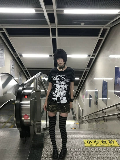 Black & Gray Striped Subculture Punk Y2K E-girl Abi American Retro Skull Short Sleeve Top