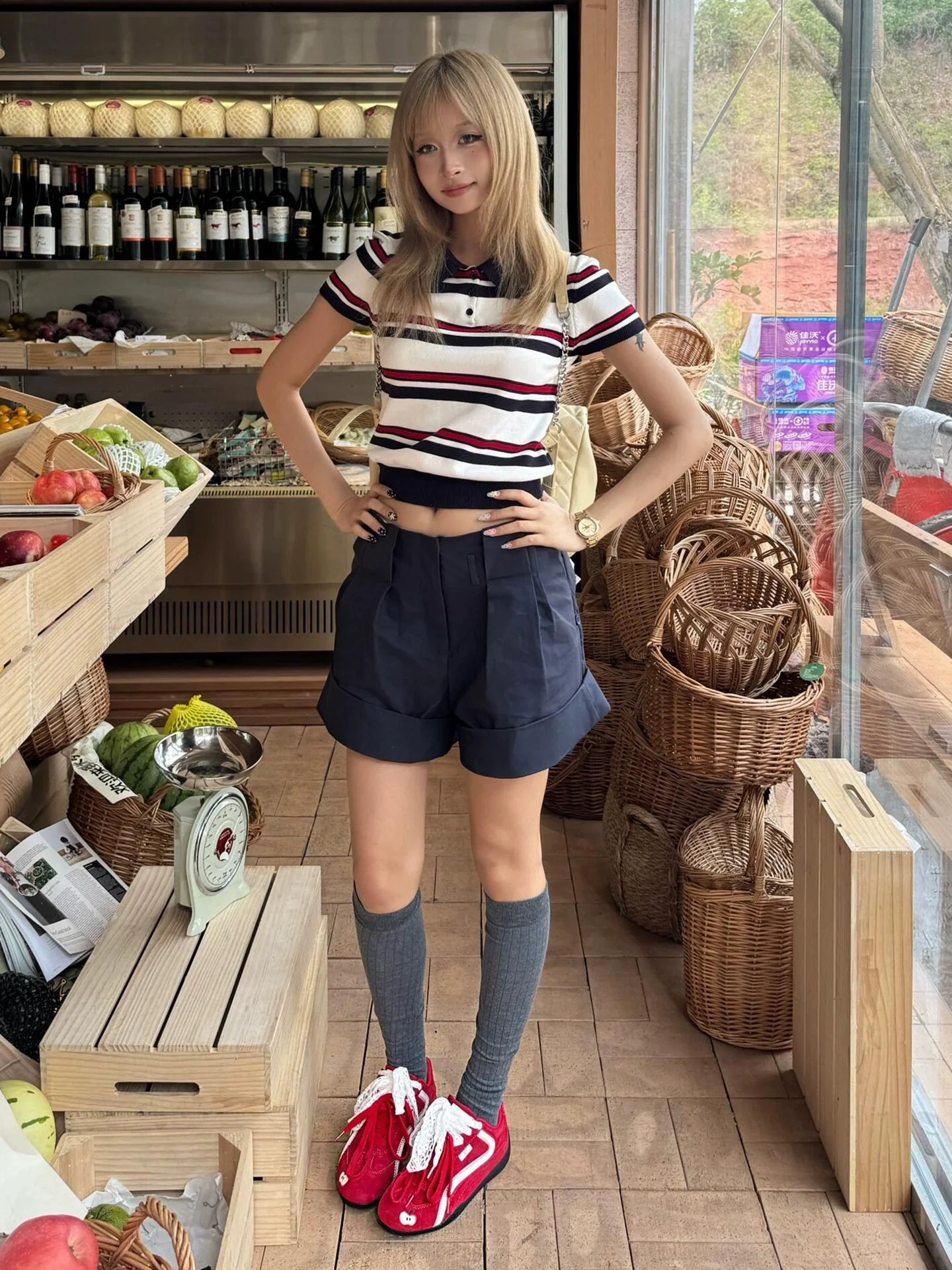 Striped Knitted Short Sleeve Polo Top Slim Fit