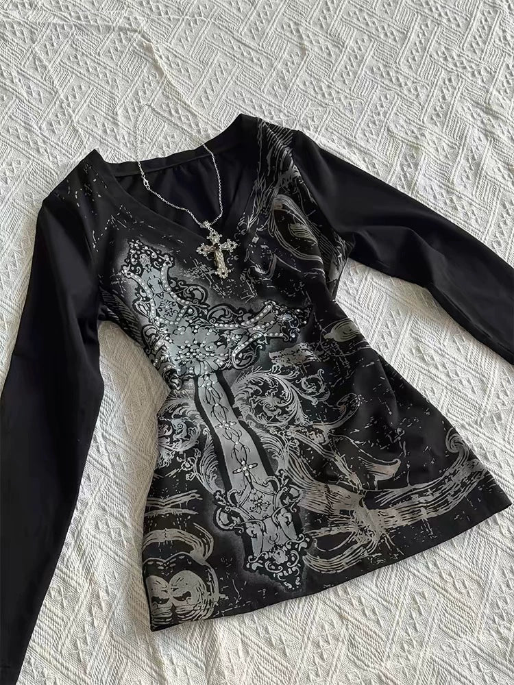 Black Tie-Dye V-Neck Long Sleeve Tee Y2K Top