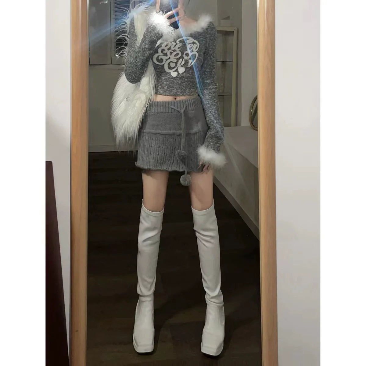 Heathered Gray Y2K Pure Elegance Fuzzy Cropped Sweater