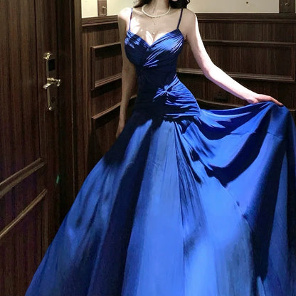 French Asymmetrical Blue Spaghetti Strap Satin Gown Dress