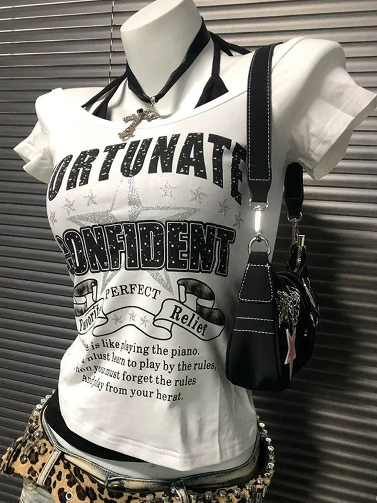 White Letter & Star Fake Two-Piece Tie Rock Punk Y2K T-Shirt