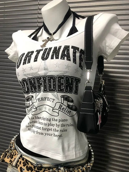 White Letter & Star Fake Two-Piece Tie Rock Punk Y2K T-Shirt