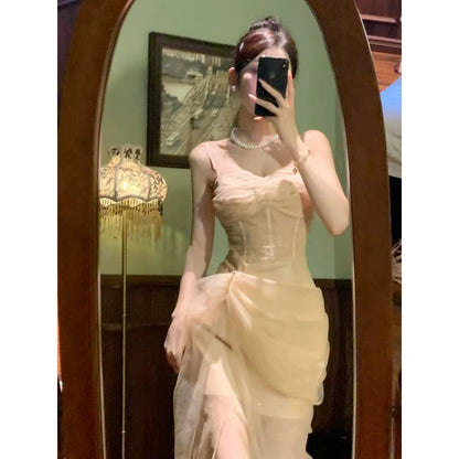 French Lace Bone Spaghetti Waist Gown Dress