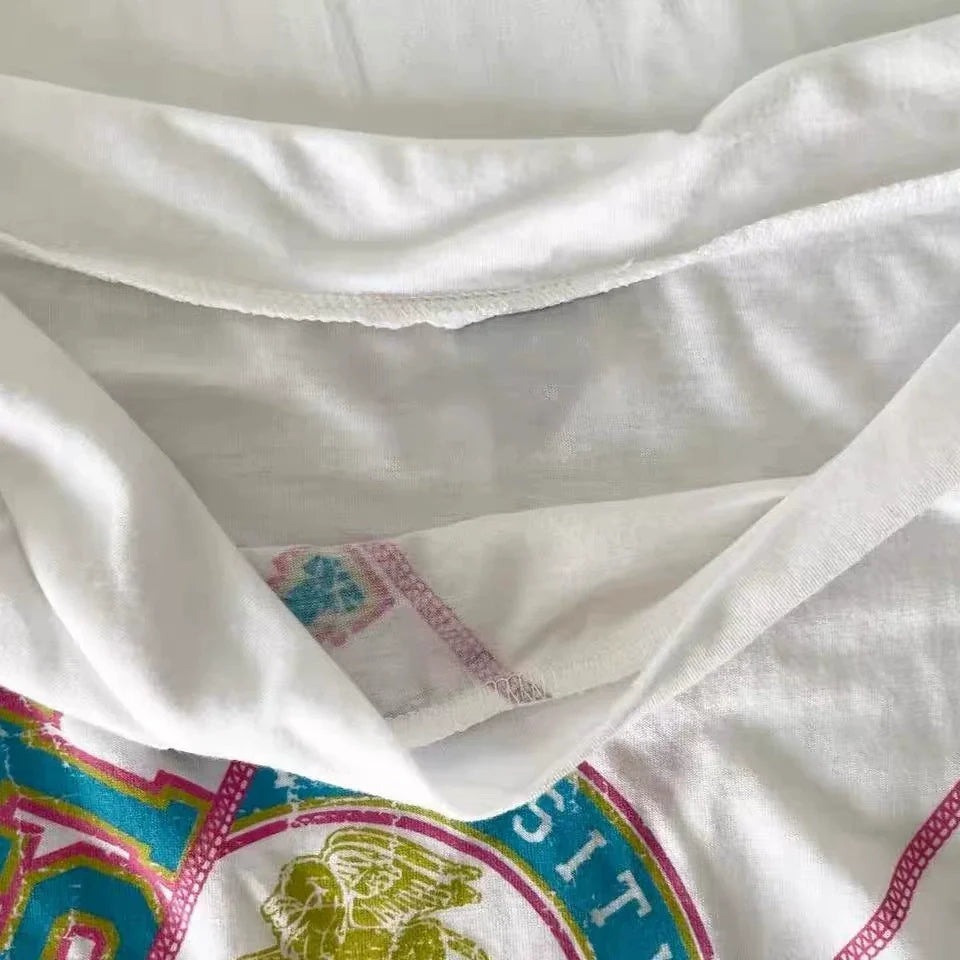 White Off-The-Shoulder Vintage Print Light Subculture Y2K T-Shirt