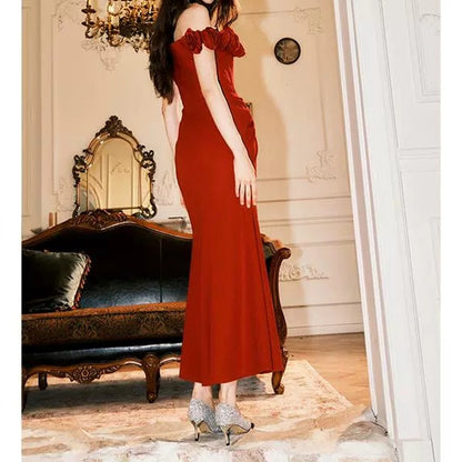 Red Rose Embroidered Mermaid Gown Prom Dress