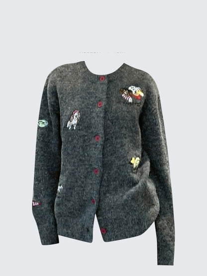 Fair Isle Dog Embroidered Cardigan Women