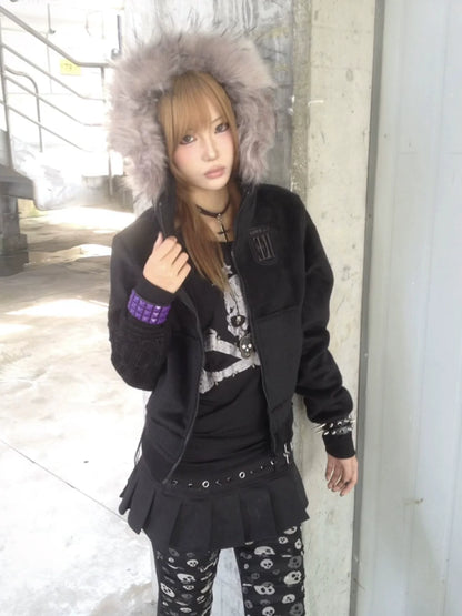 Y2K Visual Kei Fur Collar Hoodie Autumn-Winter Short Pullover with Tassel Hem