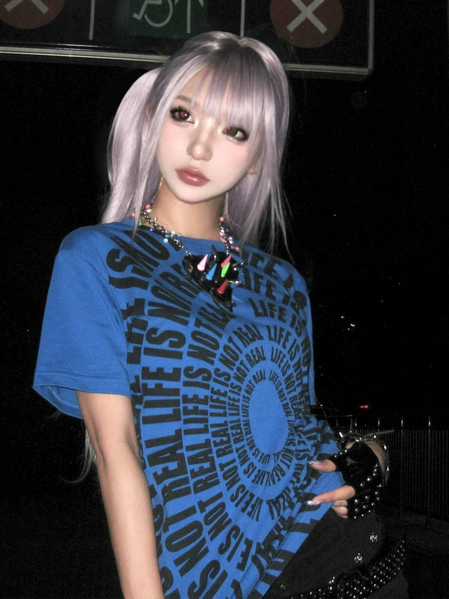 Y2K Subculture Blue Letter Print Fitted Tee  Structured Shoulder Short Sleeve Top
