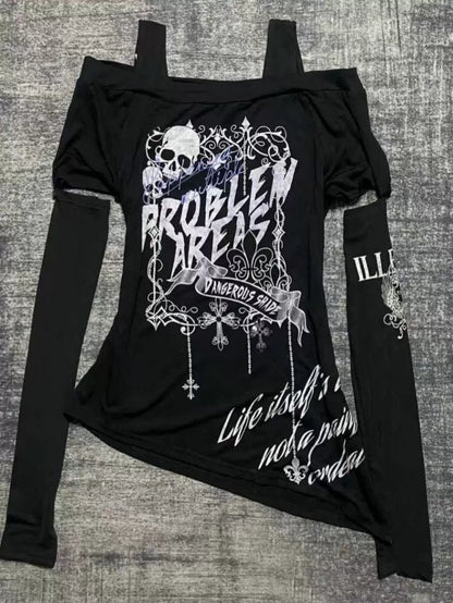 Black Gothic Skull Print Cropped Sleeve Y2K T-Shirt