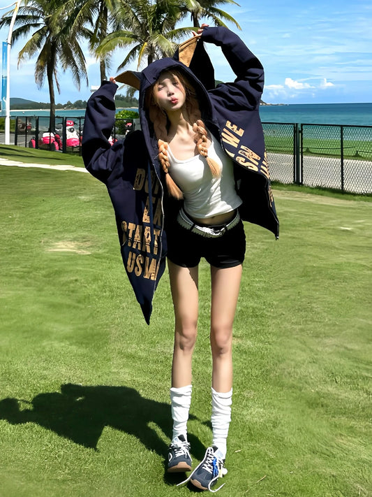 American Doberman Hoodie Autumn-Winter Zip-Up Pullover Heavyweight Letter Print Top