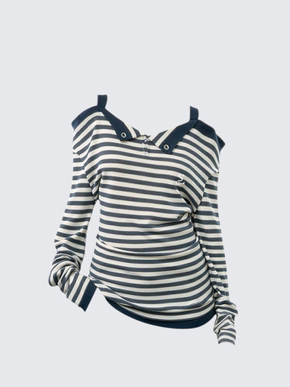 Striped Off Shoulder Layered Long Sleeve Tee Women