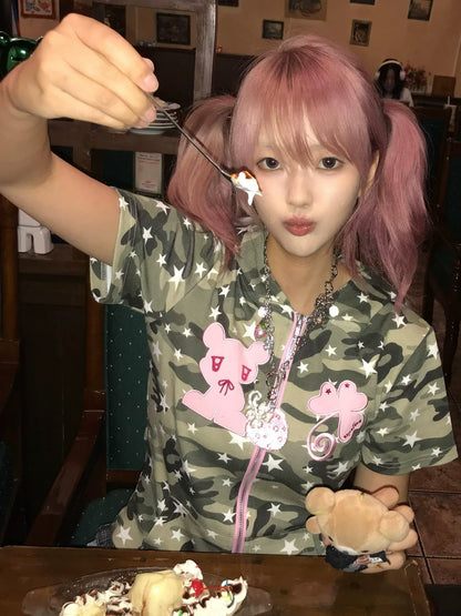 Y2K Camouflage Teddy Bear Hoodie Tee  Cropped Patch Embroidery Short Sleeve Top