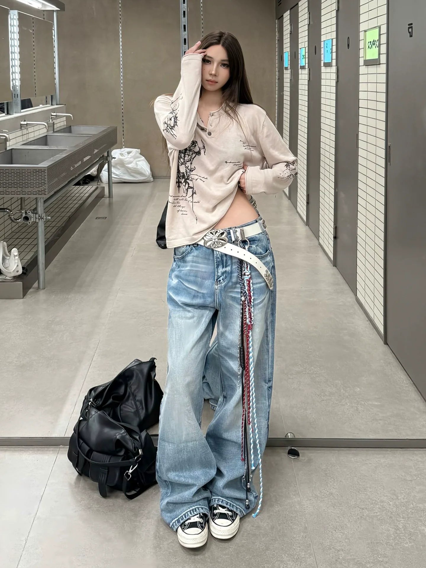 Punk Subculture Printed Long Sleeve Tee Henry Collar Loose Fit Base Top