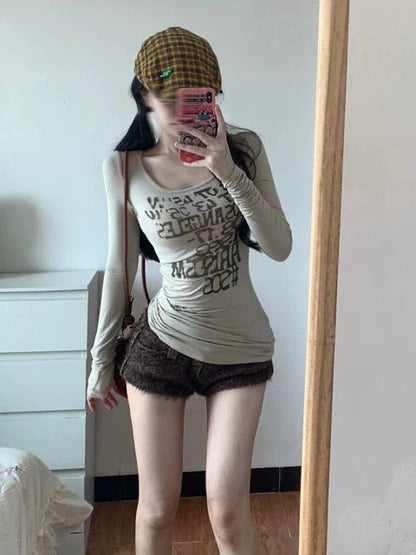 Light Khaki Graphic Print Square Neck Y2K T-Shirt