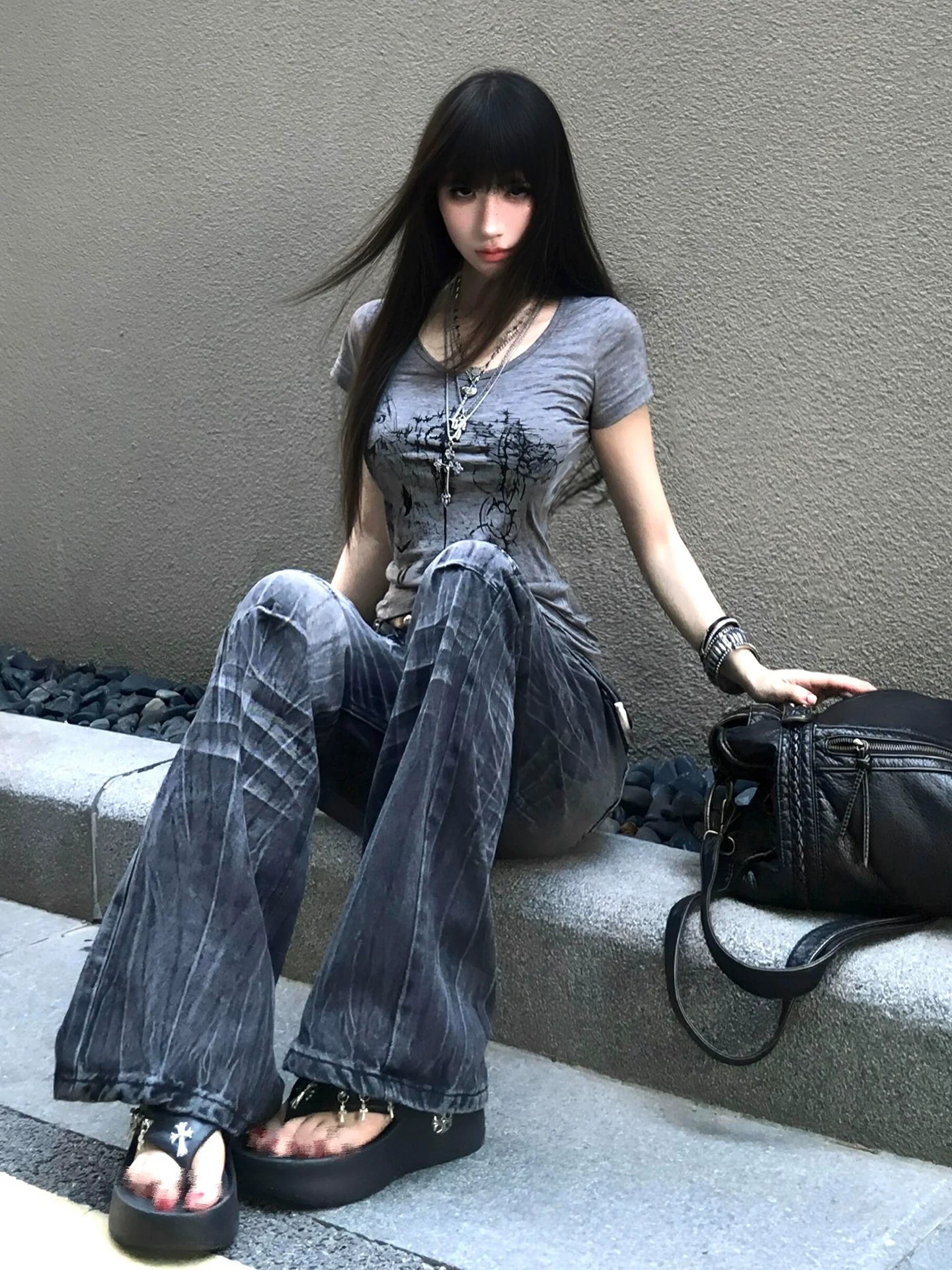 Subculture Distressed Fitted Short Sleeve Tee Y2K Light Asian Vintage Top