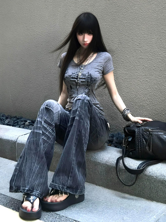 Subculture Distressed Fitted Short Sleeve Tee Y2K Light Asian Vintage Top