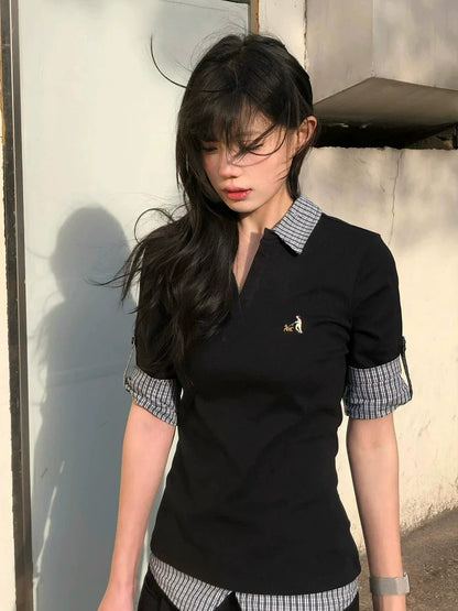 Preppy Black Plaid Polo Tee Layered Short Sleeve Fitted Top