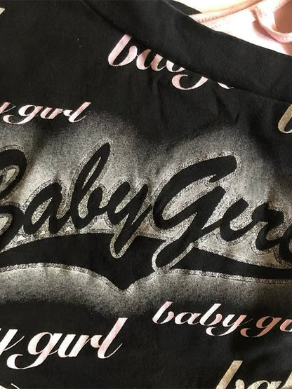 Black Subculture Y2K E-girl Abi American Retro Asymmetrical Shoulder Letter Tank Top