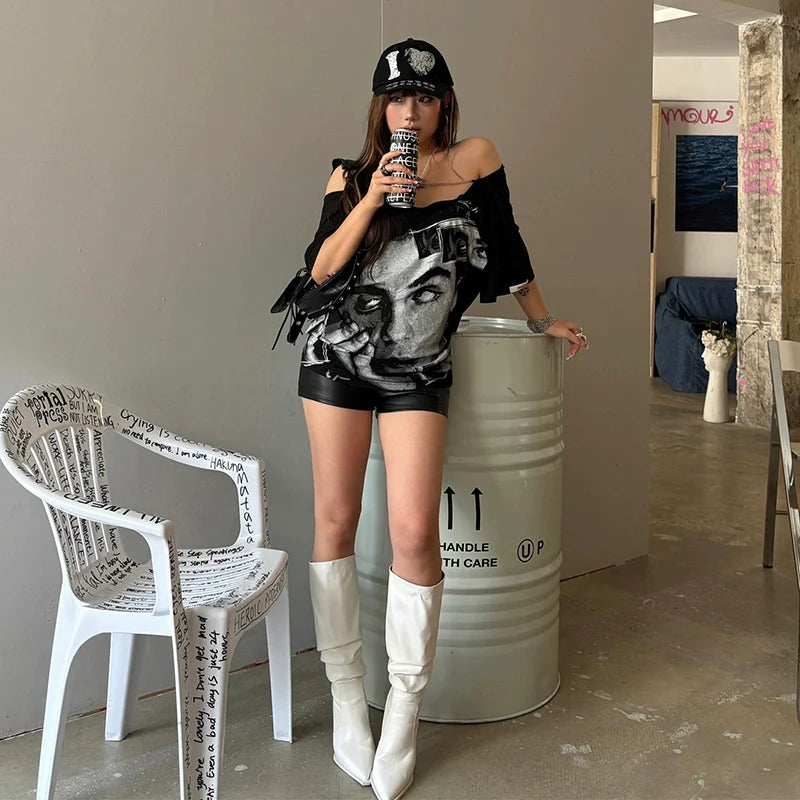 Punk Asymmetric Chain Back Tee Y2K Subculture Off-Shoulder Short Sleeve Top