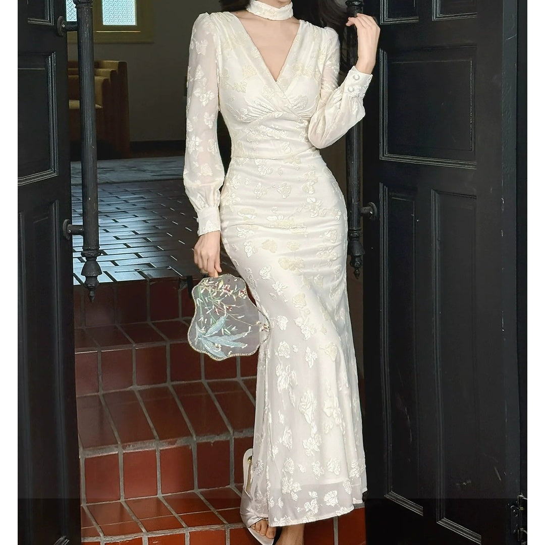 French V-Neck Long Sleeve Mermaid Gown Dress