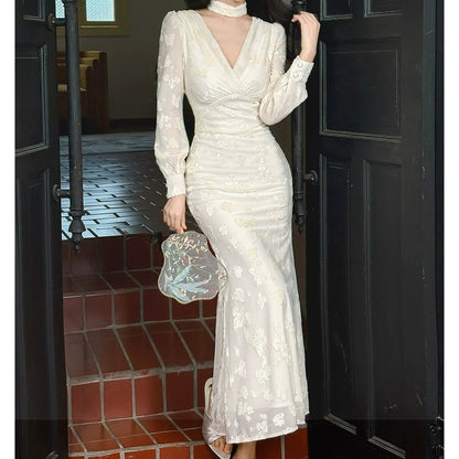 French V-Neck Long Sleeve Mermaid Gown Dress