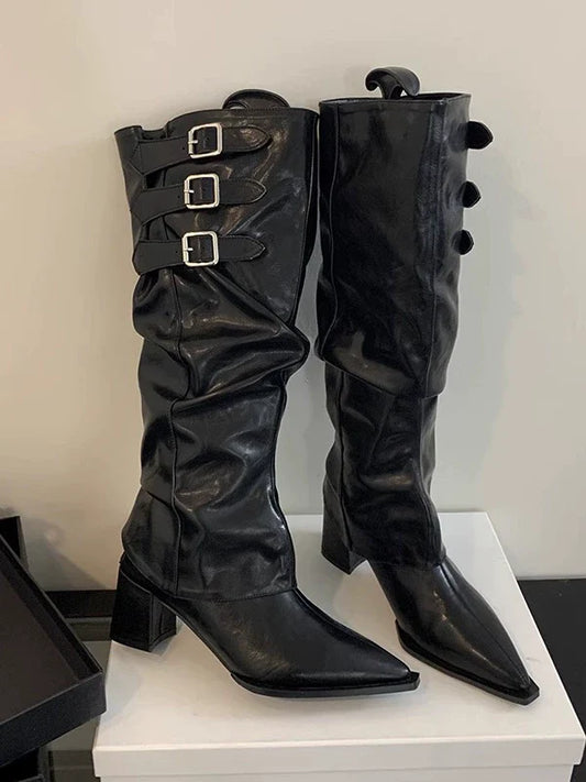Pointed Toe Two Way High Heel Knee High Boots 2025 Fall Winter New Spicy Girl Vibe Slouchy Ruffled Chunky Heel Cowboy Boots