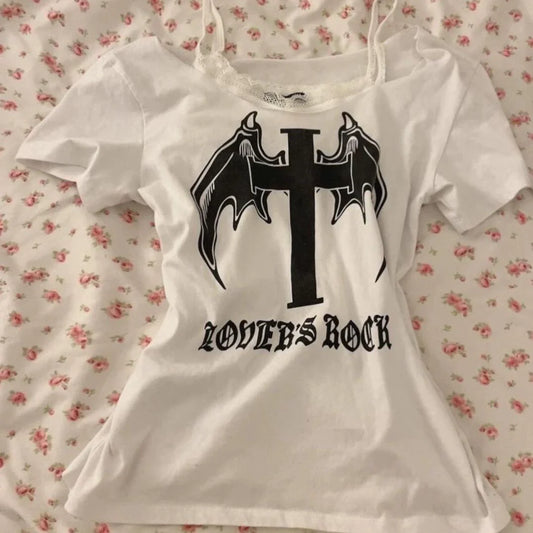 Lace Panel Fake Two-Piece Light Subculture Y2K T-Shirt