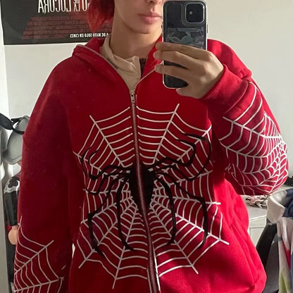Red Y2K Punk Spider-Web Zip-Up Hoodie
