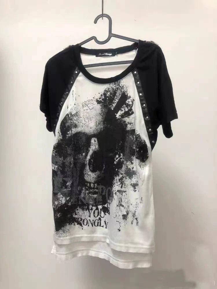 Zipper Skull Subculture Gothic Rock Punk Y2K E-girl Zipper Skull Print Oversized Short Sleeve Top