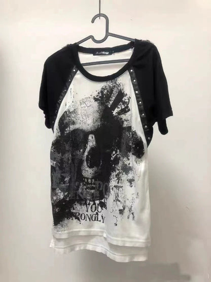 Zipper Skull Subculture Gothic Rock Punk Y2K E-girl Zipper Skull Print Oversized Short Sleeve Top