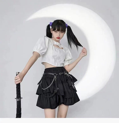 Black Skirt + Suspender Waist Chain Two-Piece Set Subculture Punk Y2K E-girl Gothic Harajuku High-Waisted Asymmetrical A-line Skirt