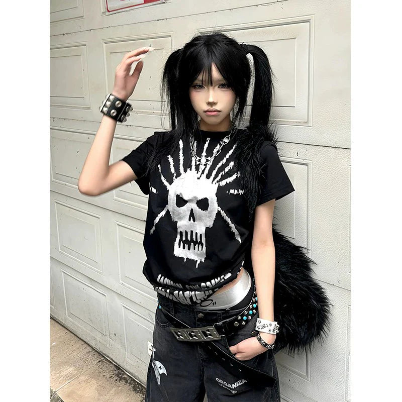 American Y2K Silver Skull Print Tee Black Fitted Short Sleeve Punk Visual Kei Top