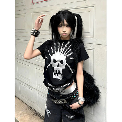 American Y2K Silver Skull Print Tee Black Fitted Short Sleeve Punk Visual Kei Top