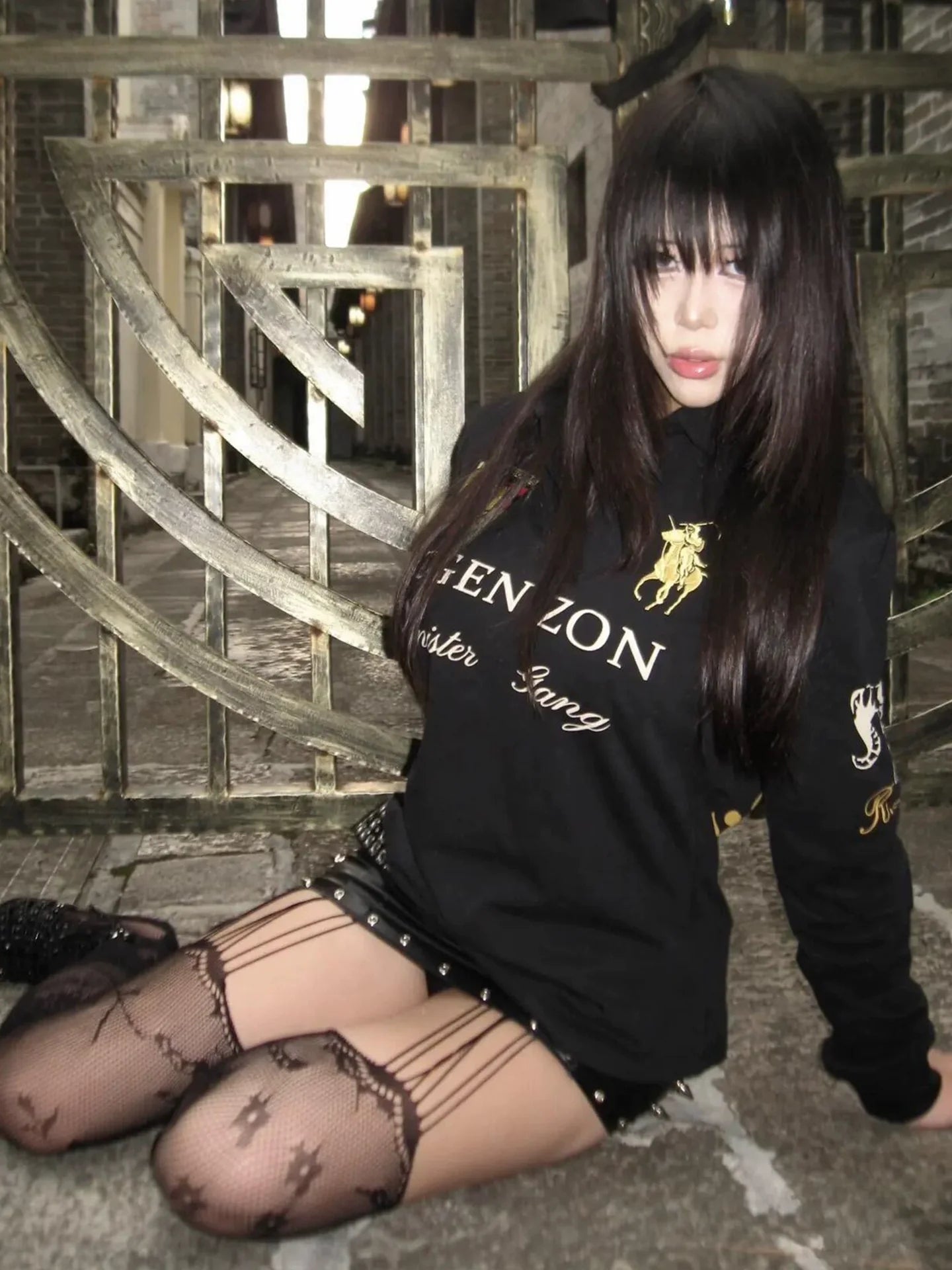 American Vintage Embroidered Polo Long Sleeve Top  Visual Kei Fitted Waist Shirt