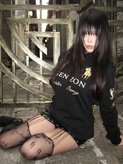 American Vintage Embroidered Polo Long Sleeve Top  Visual Kei Fitted Waist Shirt