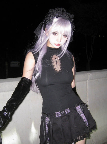 Gothic Sleeveless Tank Cross Hollow-Out Fitted Y2K Top