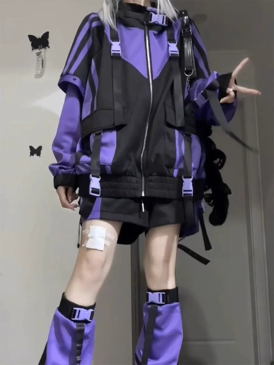 Black & Purple Hooded Subculture Y2K Japanese Anime Mass-Produced Style Sporty Jacket (Autumn)