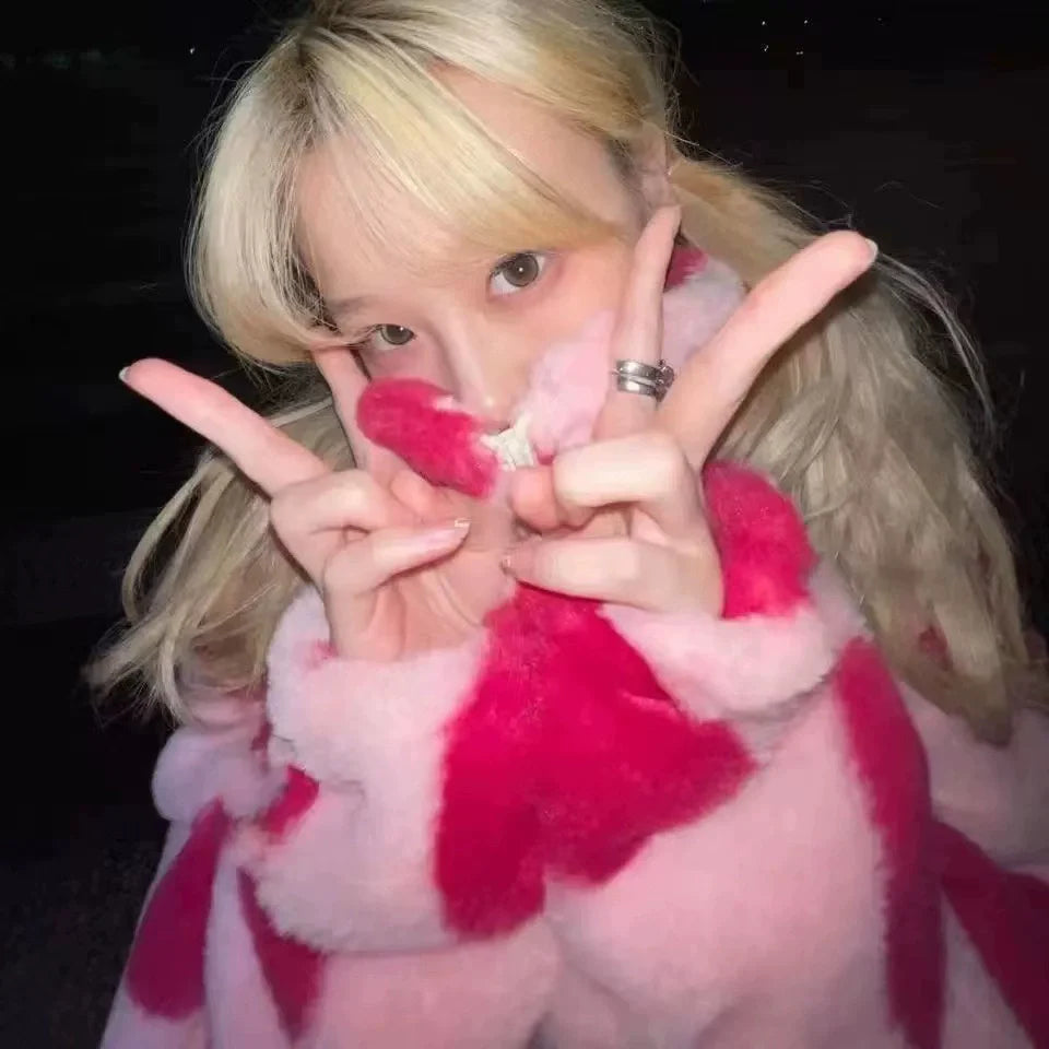 Pink Y2K Punk Heart Lamb Fleece Fleece-Lined Puffer Jacket