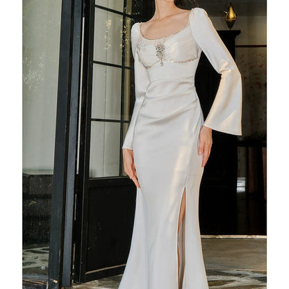 French Satin Embellished Mermaid Gown Dress