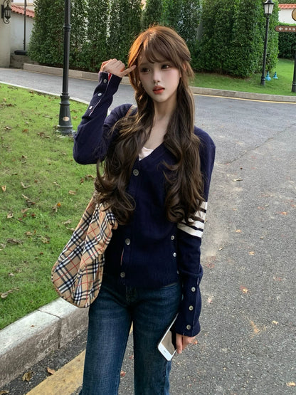 Preppy Striped Knit Cardigan Autumn-Winter Slim Fit Sweater Old Money Chic Top