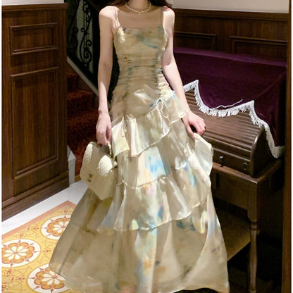 French Ombre Green Ruffle Halter Gown Dress