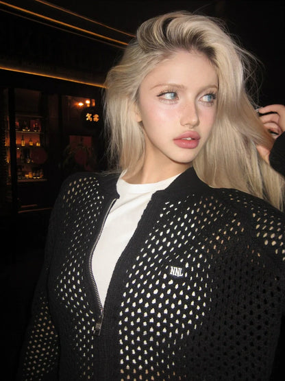 American Black Hollow Knit Jacket Sports Sun-Proof Lightweight Top